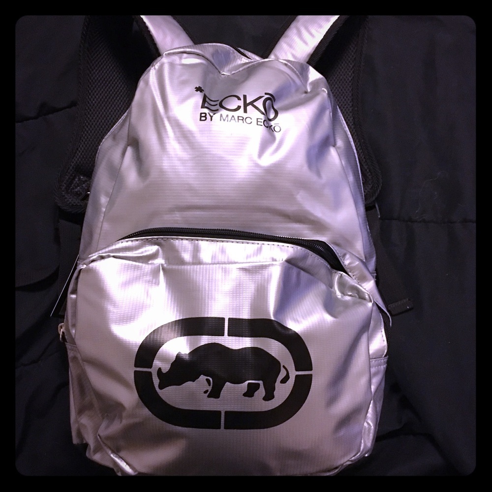 New Marc Ecko Silver Metallic Backpack | Streetwear Logo Bag - Picture 2 of 5
